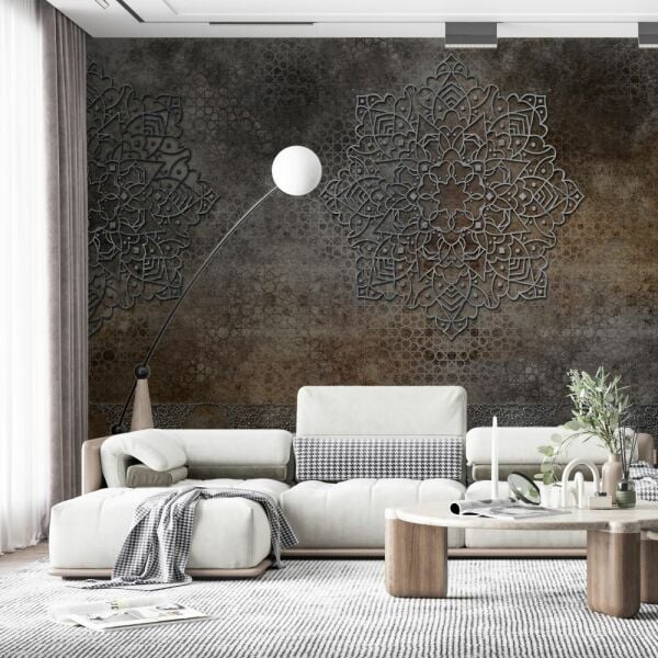 Kahve Eskitme Zeminde Mandala Desen Duvar Kağıdı