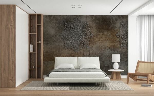 Kahve Eskitme Zeminde Mandala Desen Duvar Kağıdı