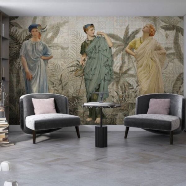 Antik Çağ Elbiseli Kadınlar ve Yapraklar Duvar Kağıdı