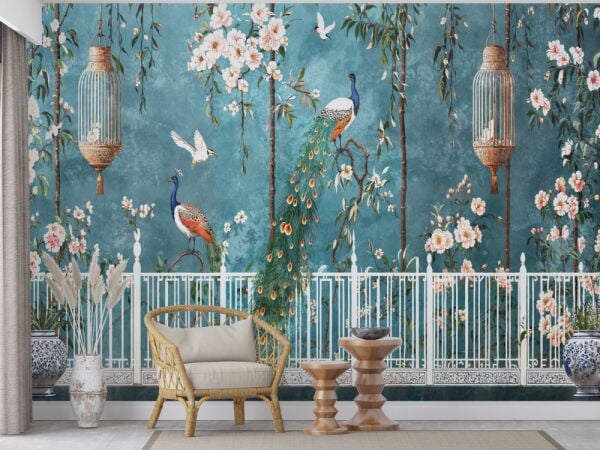 Zümrüt Bahçesi Tavus Kuşlu Sanatsal Duvar Kağıdı