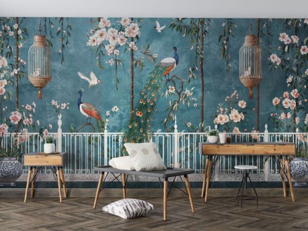 Zümrüt Bahçesi Tavus Kuşlu Sanatsal Duvar Kağıdı