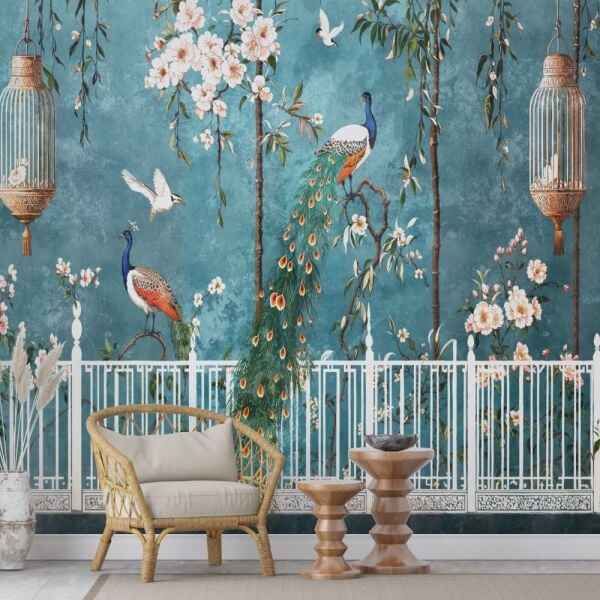Zümrüt Bahçesi Tavus Kuşlu Sanatsal Duvar Kağıdı