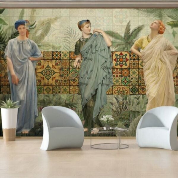 Antik Çağ Elbiseli Kadınlar ve Yapraklar Duvar Kağıdı