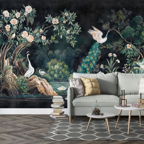 Gece Bahçesi Siyah Zeminli Tavus Kuşlu Duvar Kağıdı