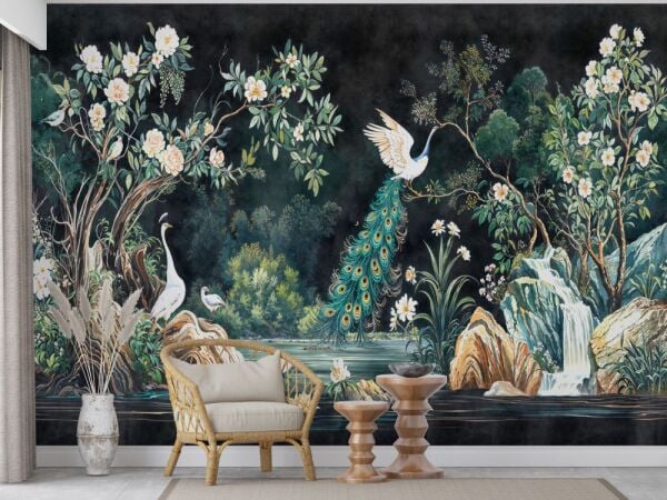 Gece Bahçesi Siyah Zeminli Tavus Kuşlu Duvar Kağıdı