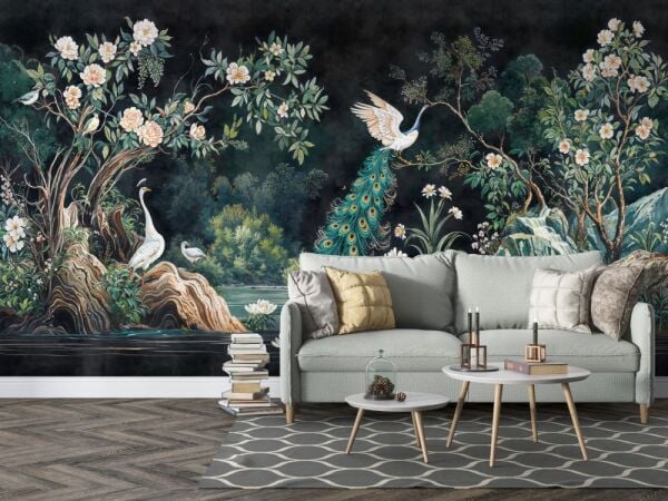 Gece Bahçesi Siyah Zeminli Tavus Kuşlu Duvar Kağıdı