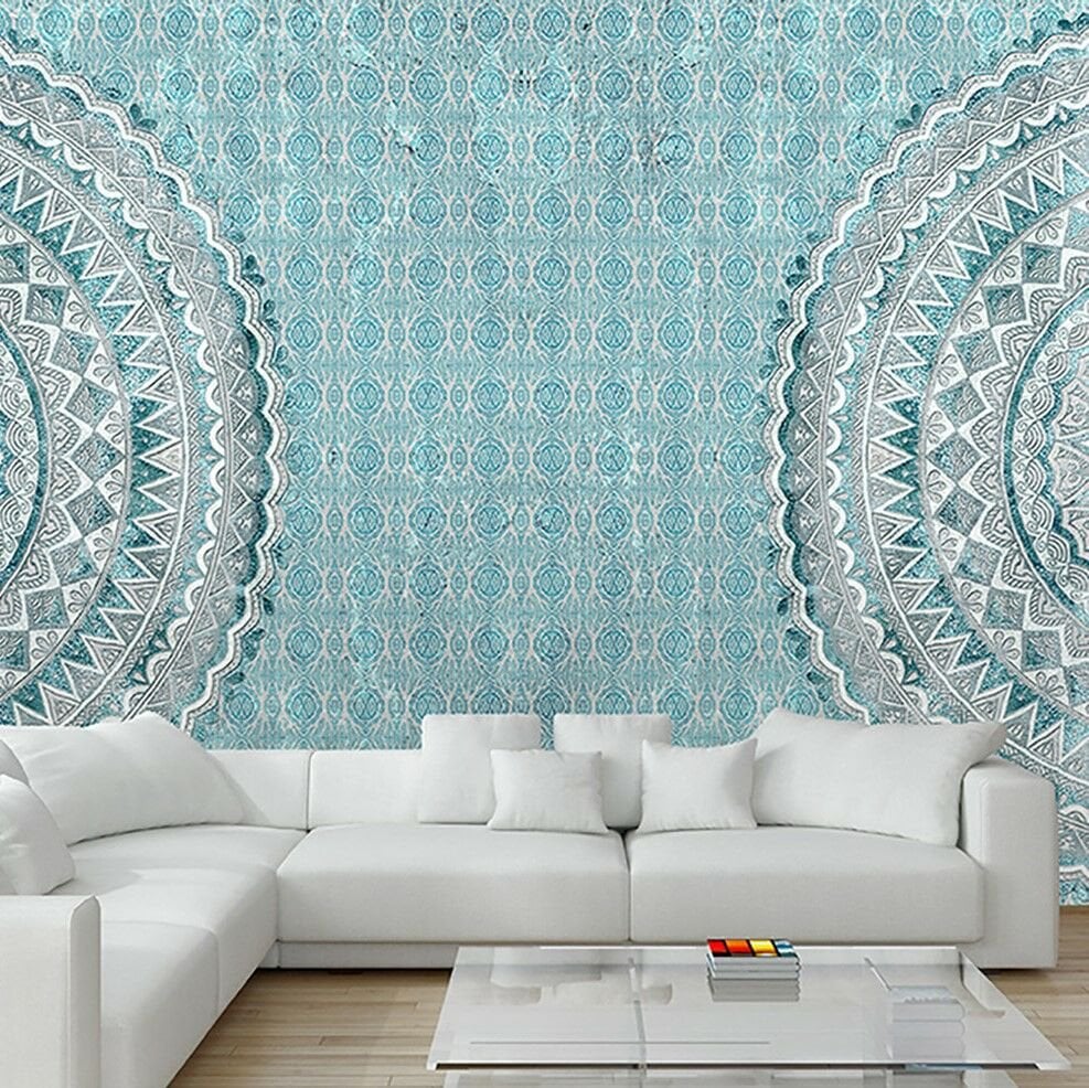 Mavi Zeminde Mandala Desen Duvar Kağıdı