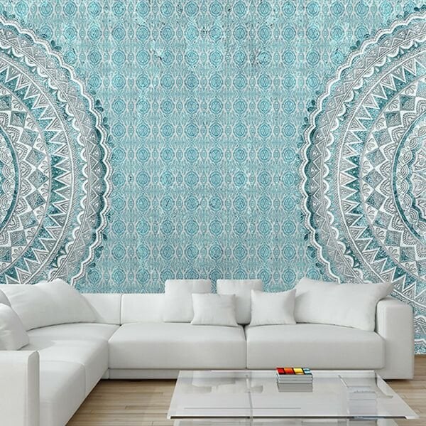 Mavi Zeminde Mandala Desen Duvar Kağıdı