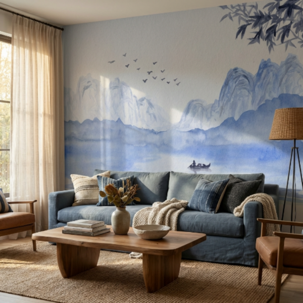 Suluboya Çizim Mavi Dağlar Kayık Duvar Kağıdı