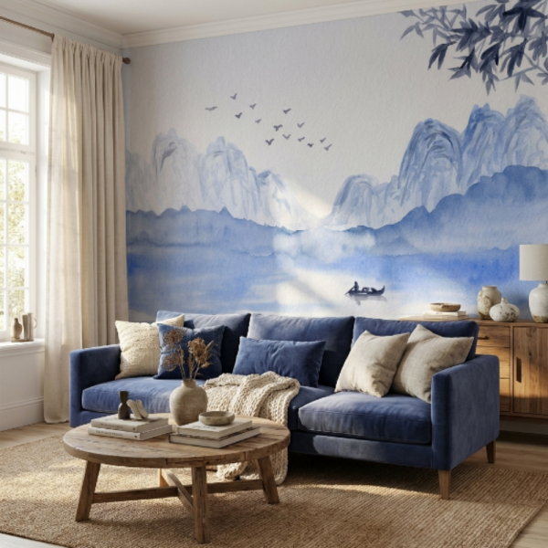 Suluboya Çizim Mavi Dağlar Kayık Duvar Kağıdı