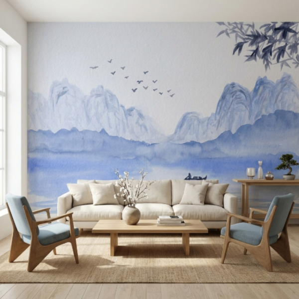 Suluboya Çizim Mavi Dağlar Kayık Duvar Kağıdı