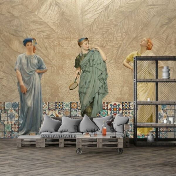 Bej Zemin Antik Çağ Elbiseli Kadınlar ve Yapraklar Duvar Kağıdı