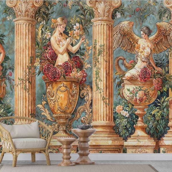 Klasik Heykel ve Çiçek Desenli Lüks Duvar Kağıdı