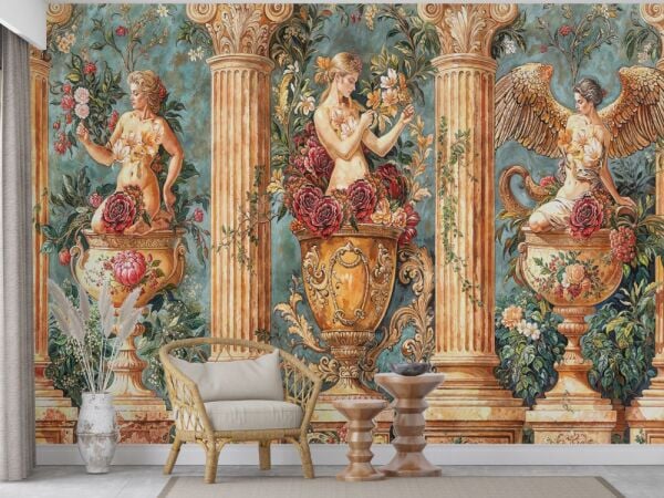 Klasik Heykel ve Çiçek Desenli Lüks Duvar Kağıdı