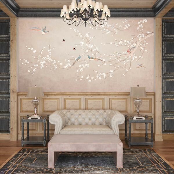 Beyaz Çiçekli Kiraz Ağacı Dalında Kuşlar Bülbüller Duvar Kağıdı