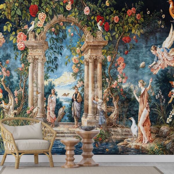 Çiçekli Arka Plan ve Mitolojik Figürler Duvar Kağıdı