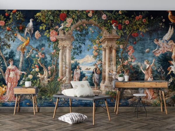 Çiçekli Arka Plan ve Mitolojik Figürler Duvar Kağıdı