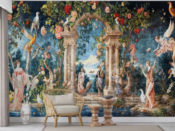 Çiçekli Arka Plan ve Mitolojik Figürler Duvar Kağıdı