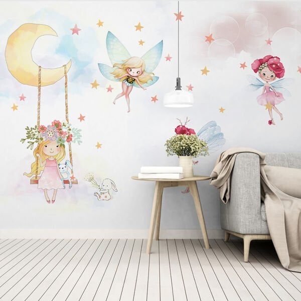 Minik Melekler Ve Ayda Oturan Kız Duvar Kağıdı