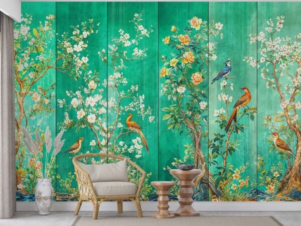 Tropikal Kuş ve Çiçek Desenli Duvar Kağıdı
