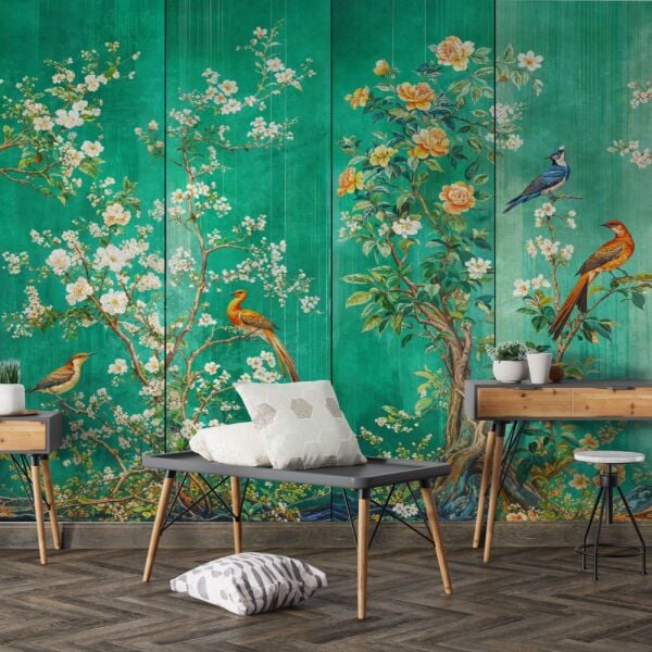 Tropikal Kuş ve Çiçek Desenli Duvar Kağıdı