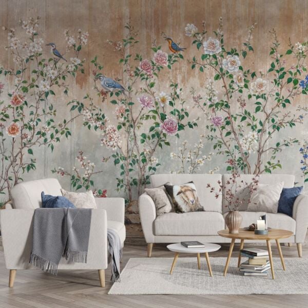 Pastel Çiçek ve Kuş Desenli Duvar Kağıdı
