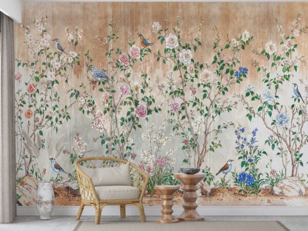 Pastel Çiçek ve Kuş Desenli Duvar Kağıdı