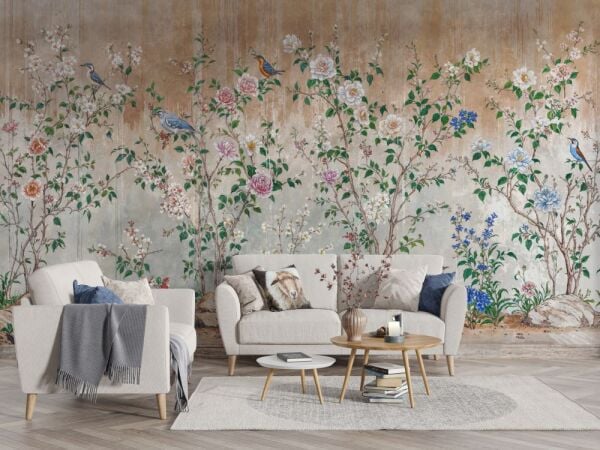 Pastel Çiçek ve Kuş Desenli Duvar Kağıdı