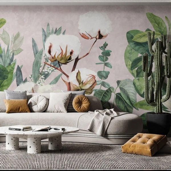 Pamuk Fidesi ve Yeşil Büyük Yapraklar Duvar Kağıdı