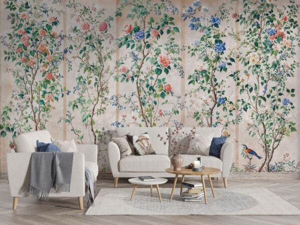 Canlı Çiçek ve Kuş Desenli Duvar Kağıdı