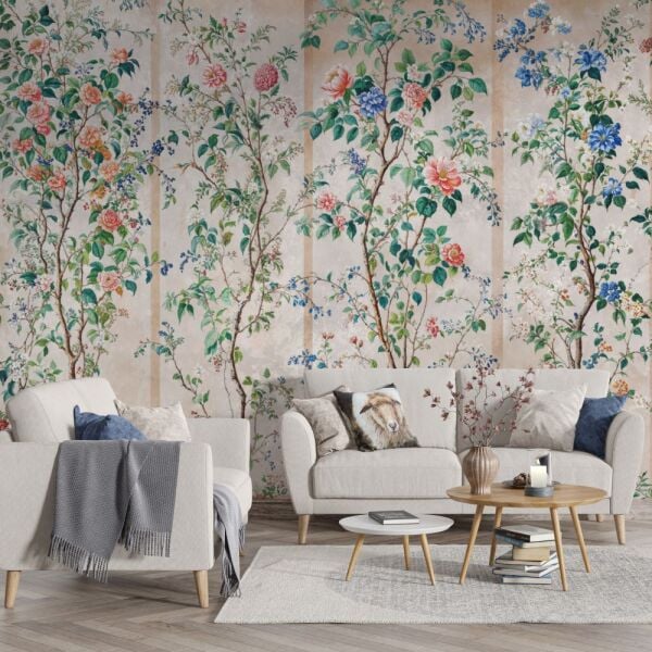 Canlı Çiçek ve Kuş Desenli Duvar Kağıdı