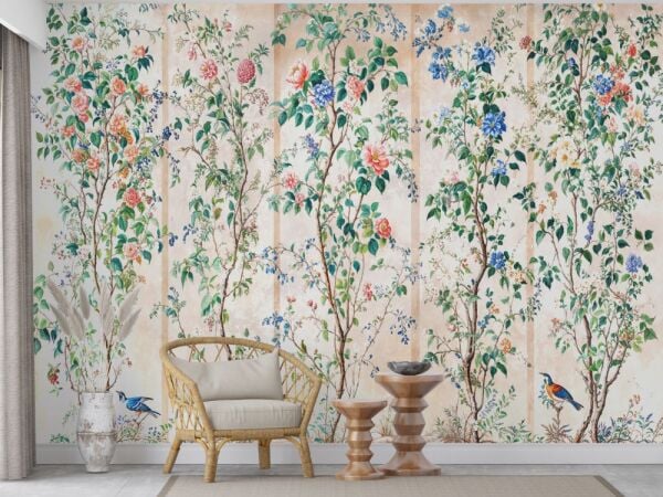 Canlı Çiçek ve Kuş Desenli Duvar Kağıdı