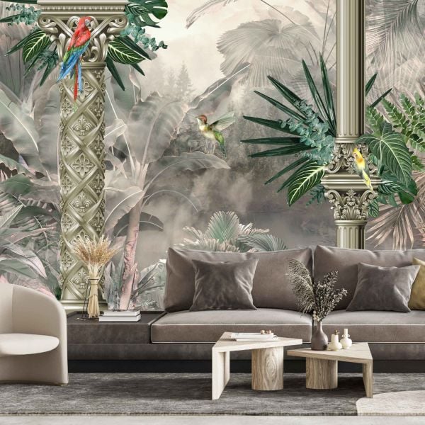Tropik Ormanda Lüks İşlemeli Sütunlar Papağanlar Duvar Kağıdı