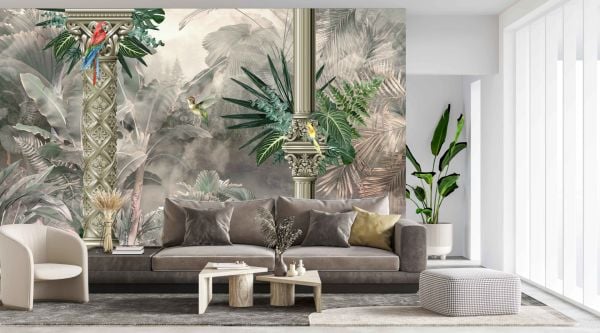 Tropik Ormanda Lüks İşlemeli Sütunlar Papağanlar Duvar Kağıdı