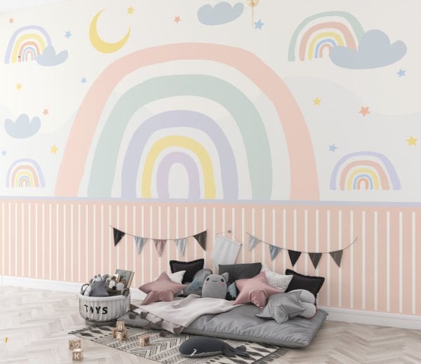 Pudra Pembe ve Mint Renk Çizgili Bordürlü Gökkuşağı Duvar Kağıdı