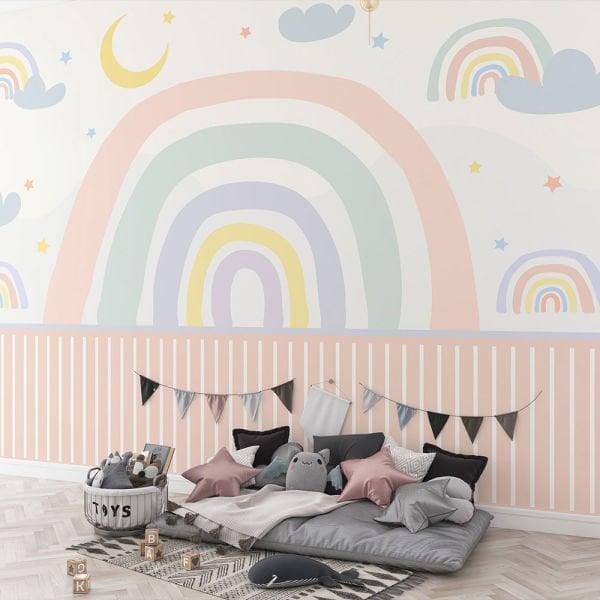 Pudra Pembe ve Mint Renk Çizgili Bordürlü Gökkuşağı Duvar Kağıdı