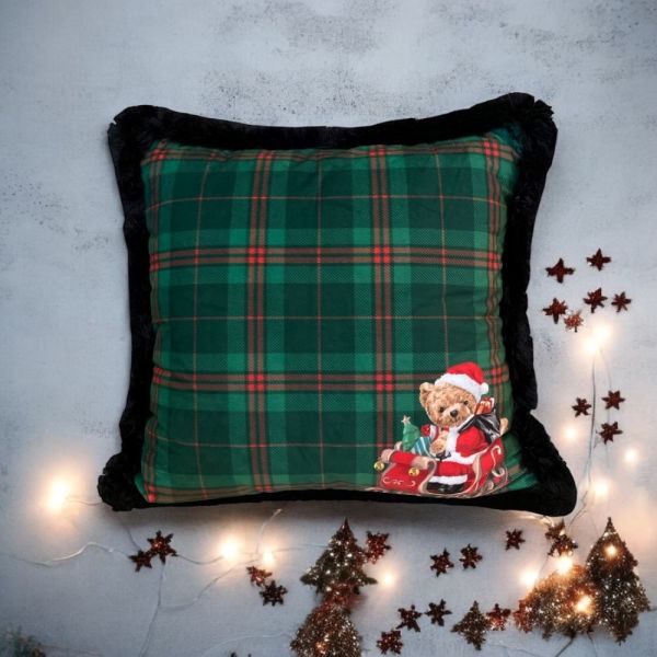 Yeşil Ekoseli Noel Baba Teddy Yastık
