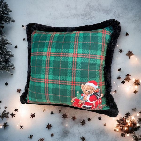 Yeşil Ekoseli Noel Baba Teddy Yastık