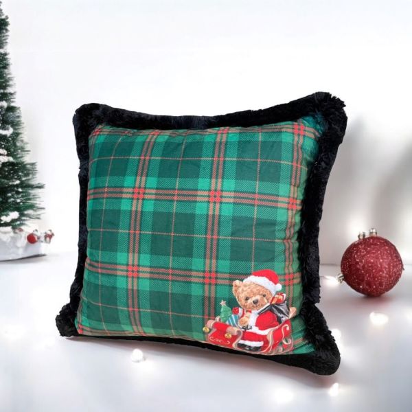 Yeşil Ekoseli Noel Baba Teddy Yastık