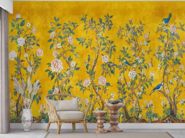 Altın Sarısı Çiçek Ve Kuş Desenli Duvar Kağıdı