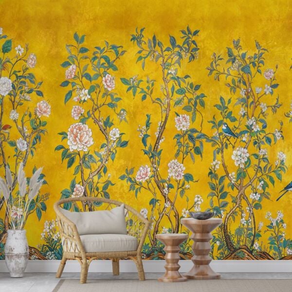 Altın Sarısı Çiçek Ve Kuş Desenli Duvar Kağıdı