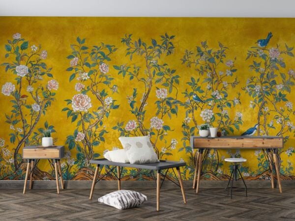 Altın Sarısı Çiçek Ve Kuş Desenli Duvar Kağıdı