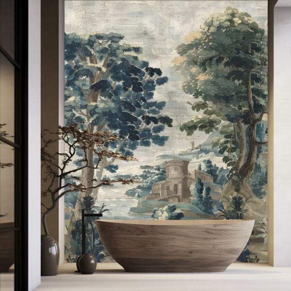 Suluboya Çizim Tasarım Mavi Tonları Ağaç Duvar Kağıdı