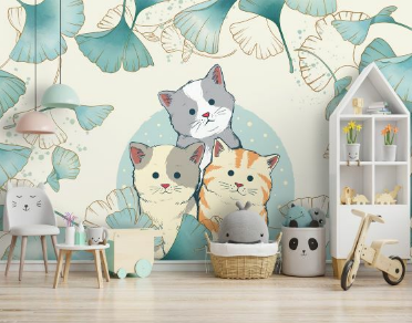 Mavi Yapraklar İçinde Üç Kafadar Minik Kedi Duvar Kağıdı