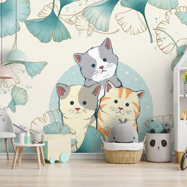 Mavi Yapraklar İçinde Üç Kafadar Minik Kedi Duvar Kağıdı