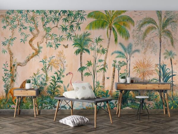 Palmiye Ve Flamingo Desenli Duvar Kağıdı