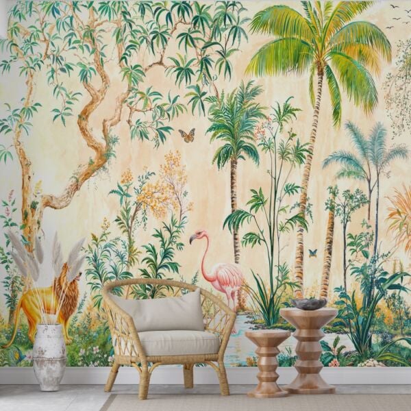 Palmiye Ve Flamingo Desenli Duvar Kağıdı