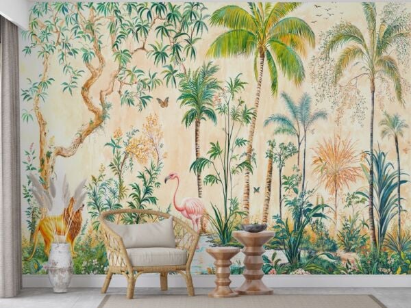 Palmiye Ve Flamingo Desenli Duvar Kağıdı