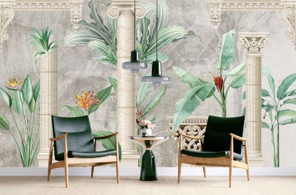 Tropik Çiçekler Önünde Sütunlar Duvar Kağıdı