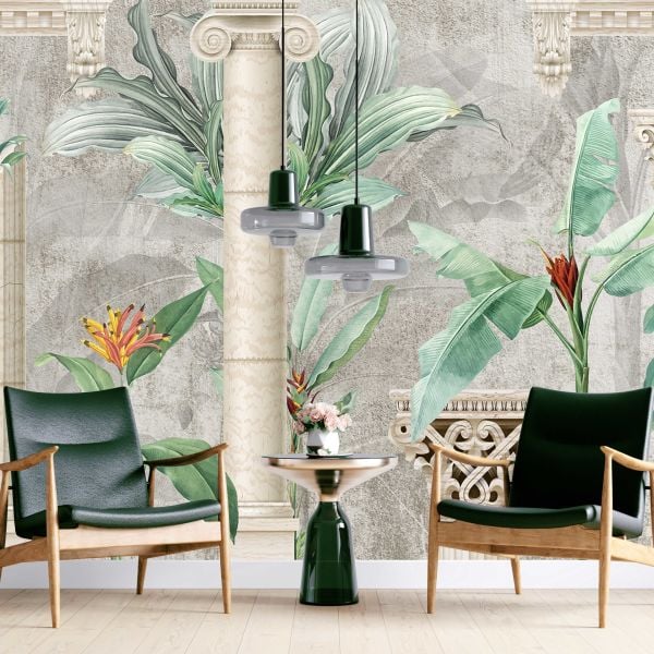 Tropik Çiçekler Önünde Sütunlar Duvar Kağıdı